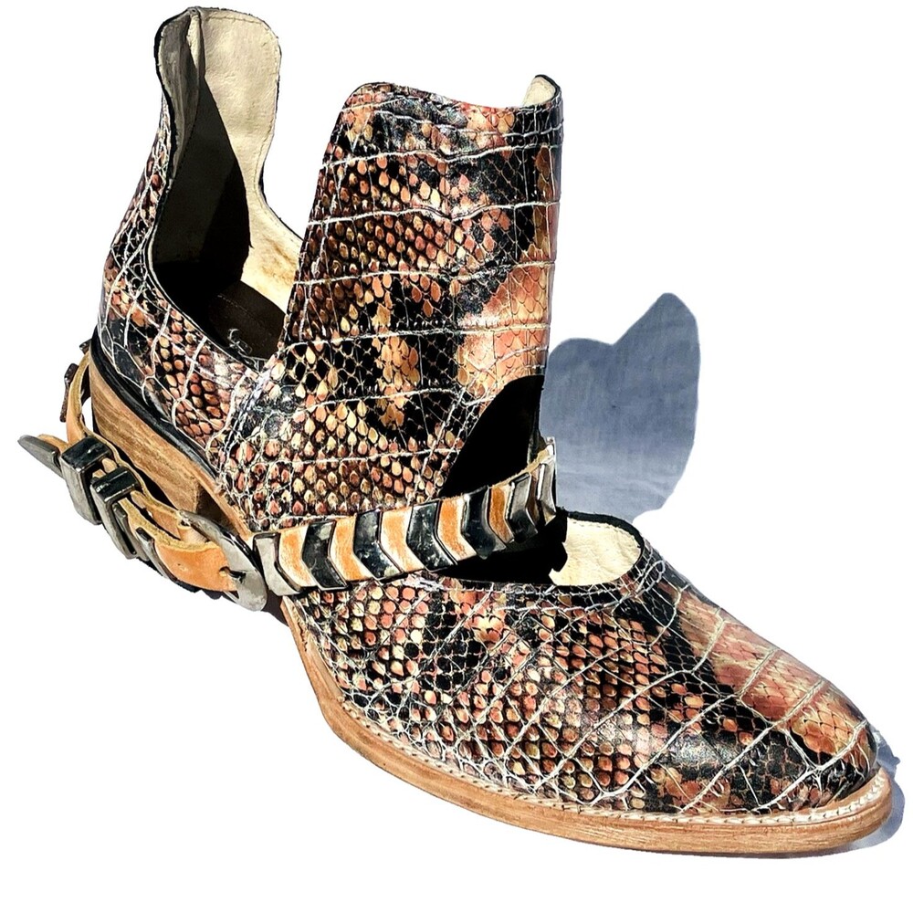 Freebird Blade 10 Ankle Boots Leather Snake Print Strappy Cut Out Buckles Pink